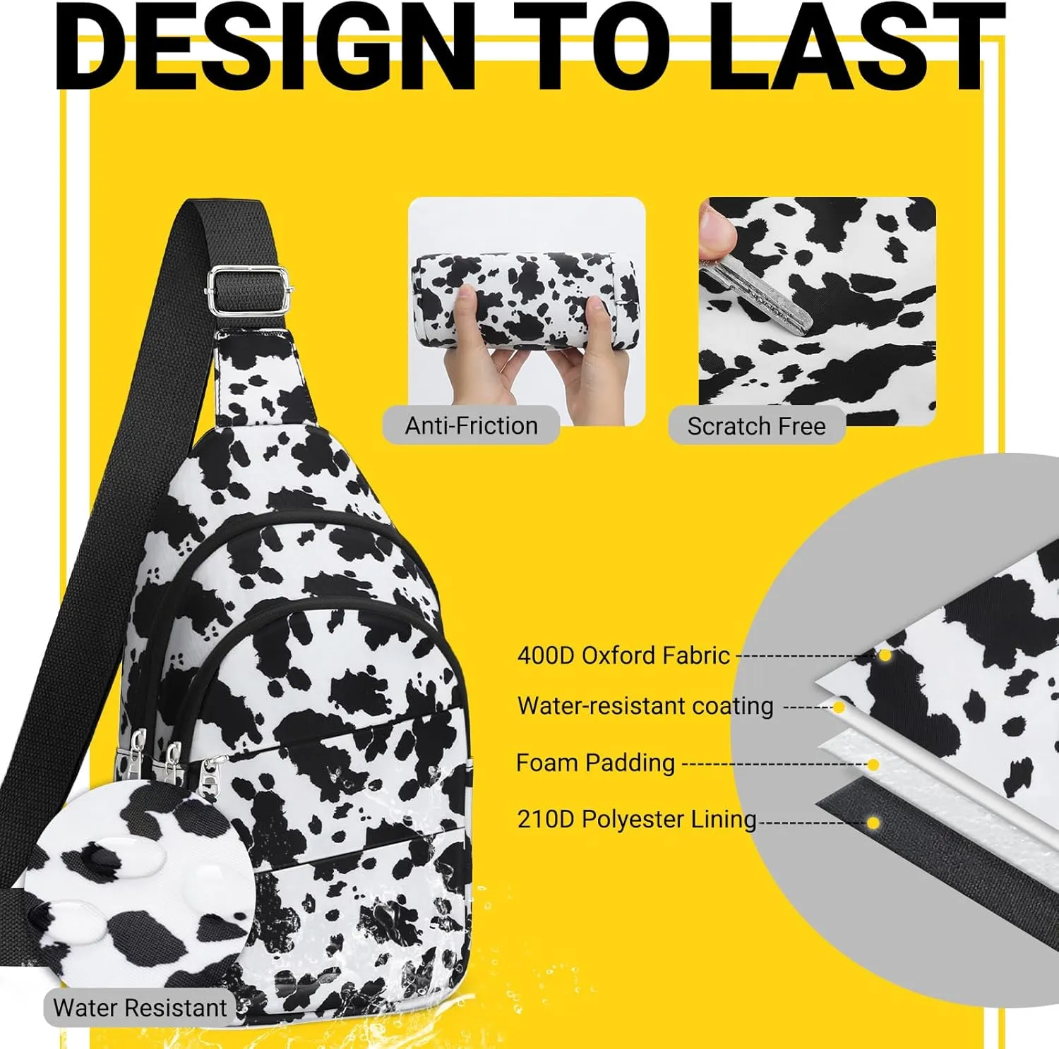 Crossbody Bags for Women, Sling Bag for Men, Small Hiking Backpack Anti Theft Lightweight for Outdoors Travel M, Cow Print