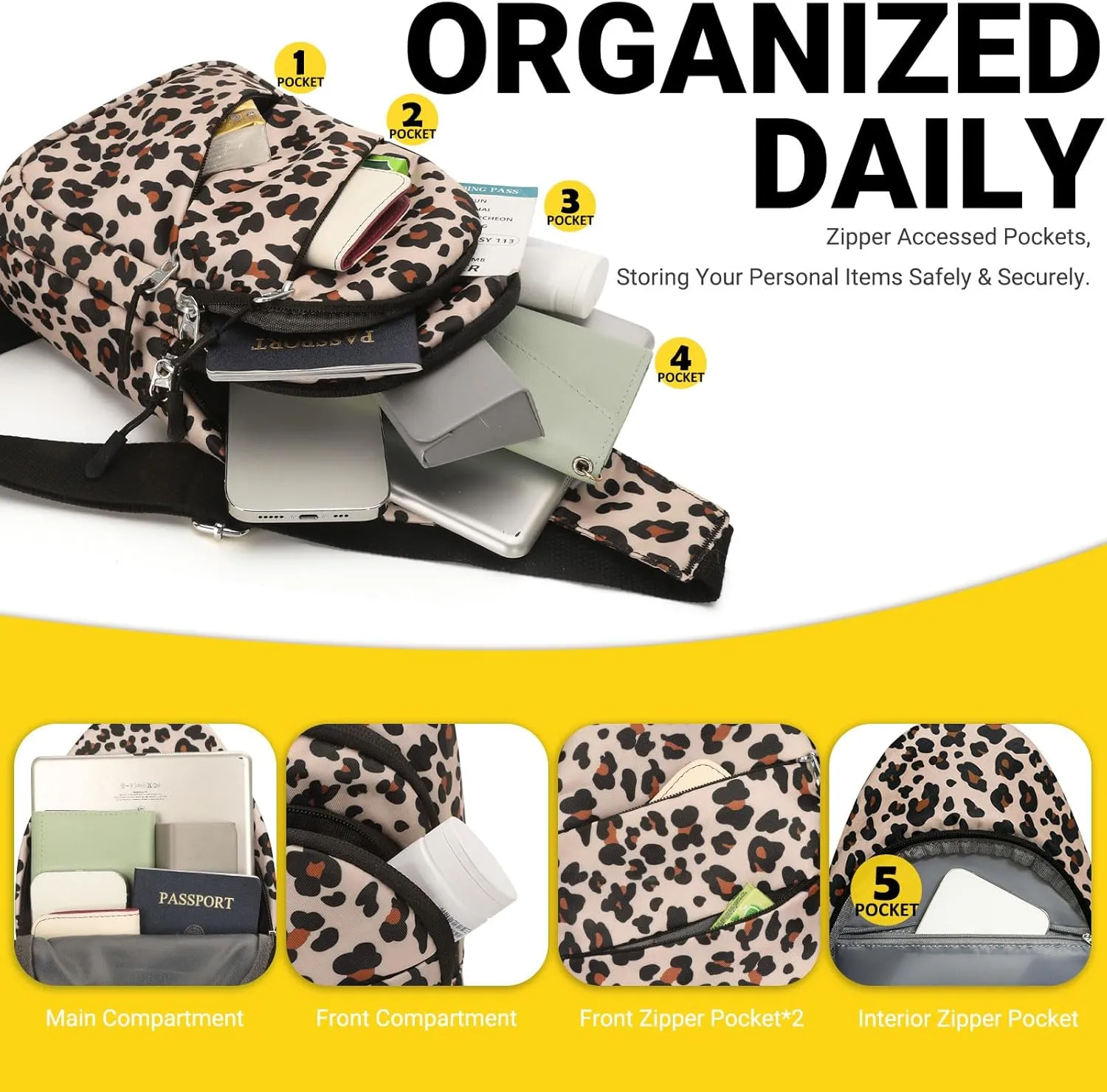Crossbody Bags for Women, Sling Bag for Men, Small Hiking Backpack Anti Theft Lightweight for Outdoors Travel (M, Leopard