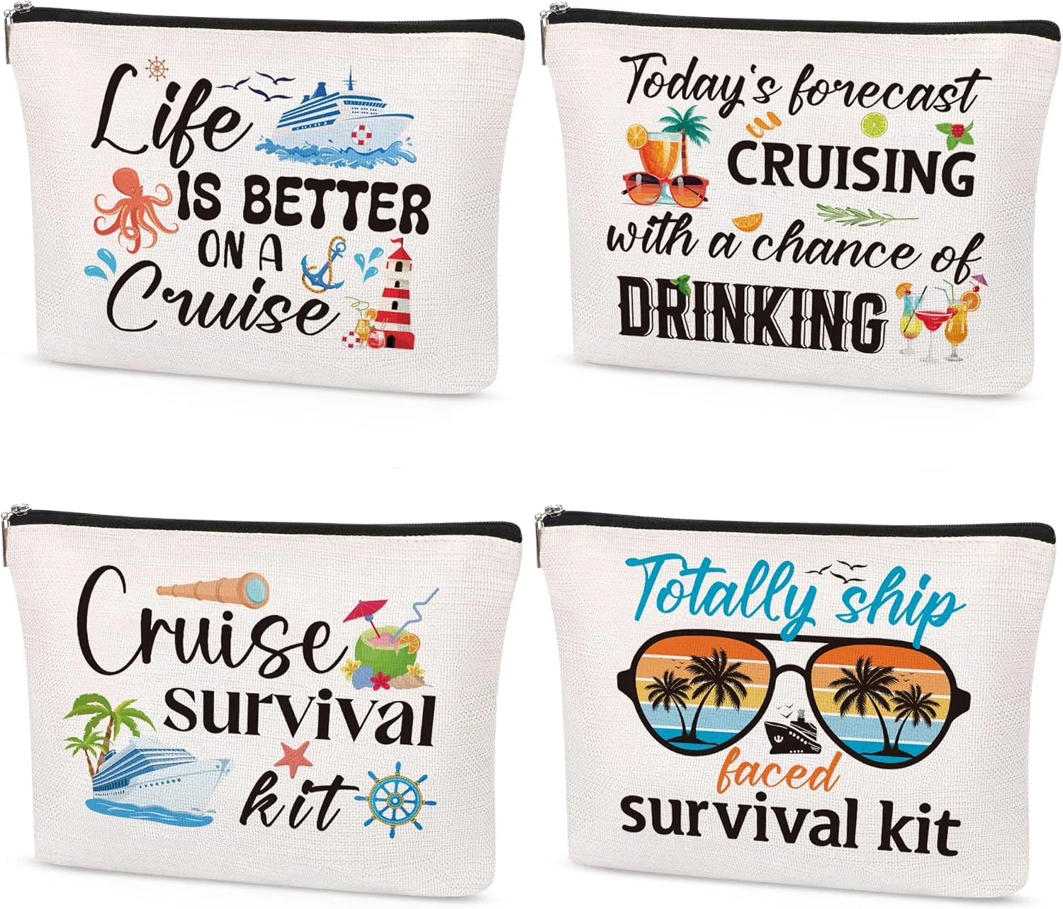 Cruise Makeup Bag Gifts - 4Pcs Cruise Ship Essentials Cruise Survival Kit Bags Cruise Cosmetic Bag for Women Girl Best Friend Travel Beach Accessories