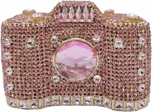 Crystal Camera Shaped Evening Bag for Women Handmade Clutch Rhinestone Purse Handbag for Formal Party Cocktail, Pink