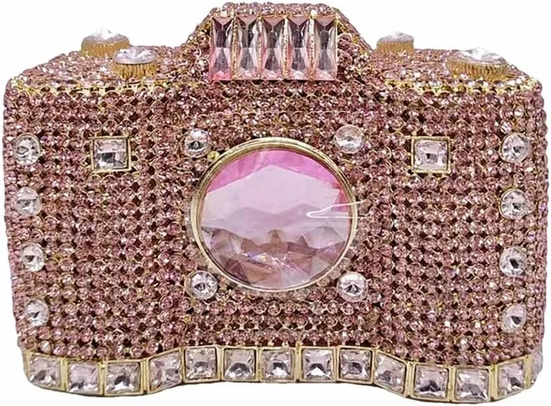 Crystal Camera Shaped Evening Bag for Women Handmade Clutch Rhinestone Purse Handbag for Formal Party Cocktail, Pink