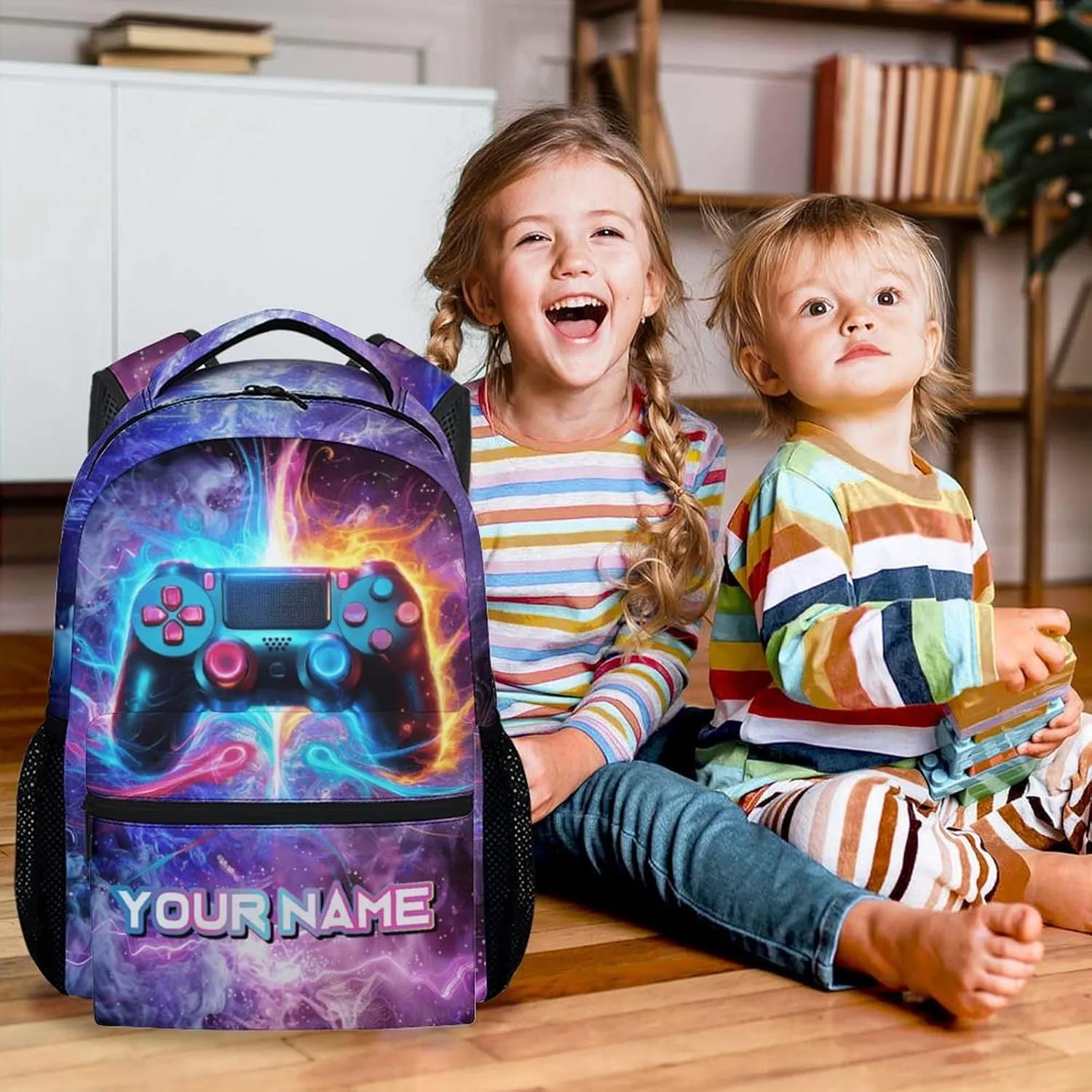 Custom Boys School Backpack with Name - 17 Inch Gaming Backpacks for Middle School - Cool Lightweight Durable Gamer Bookbag for Students