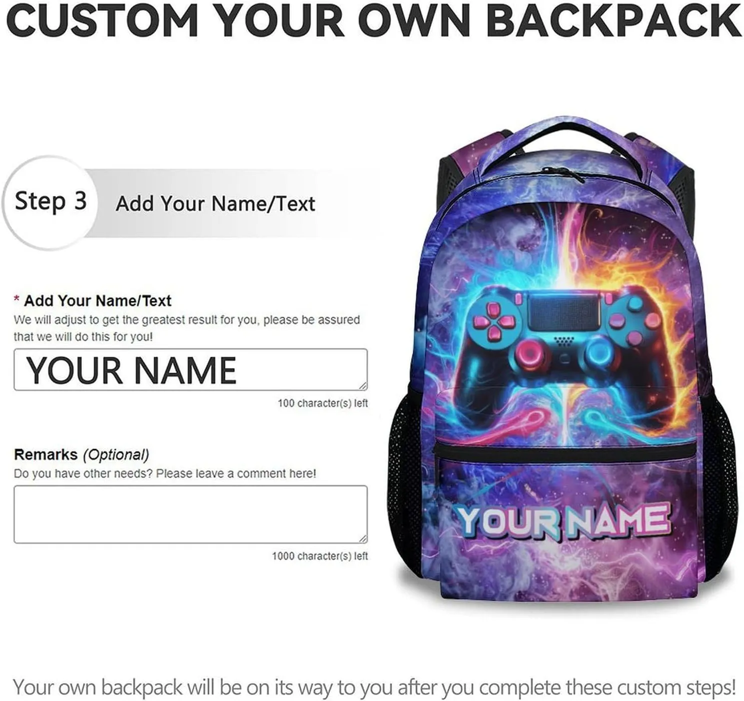 Custom Boys School Backpack with Name - 17 Inch Gaming Backpacks for Middle School - Cool Lightweight Durable Gamer Bookbag for Students