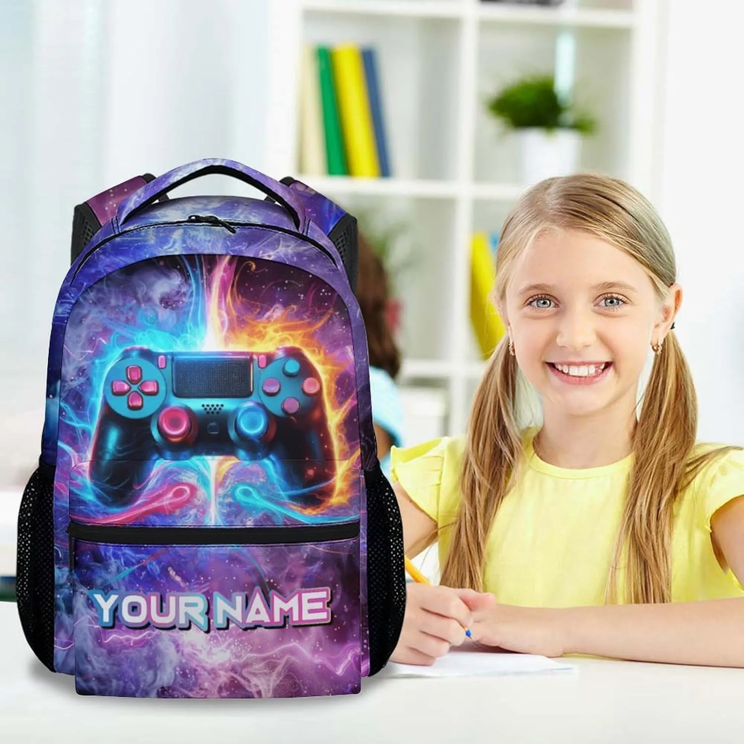Custom Boys School Backpack with Name - 17 Inch Gaming Backpacks for Middle School - Cool Lightweight Durable Gamer Bookbag for Students
