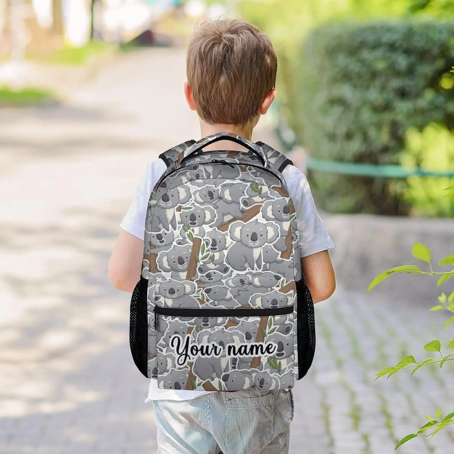 Custom Koala Backpack for Girls Boys, 16 Inch Grey Backpacks for School, Cute Lightweight Durable Bookbag for Kids