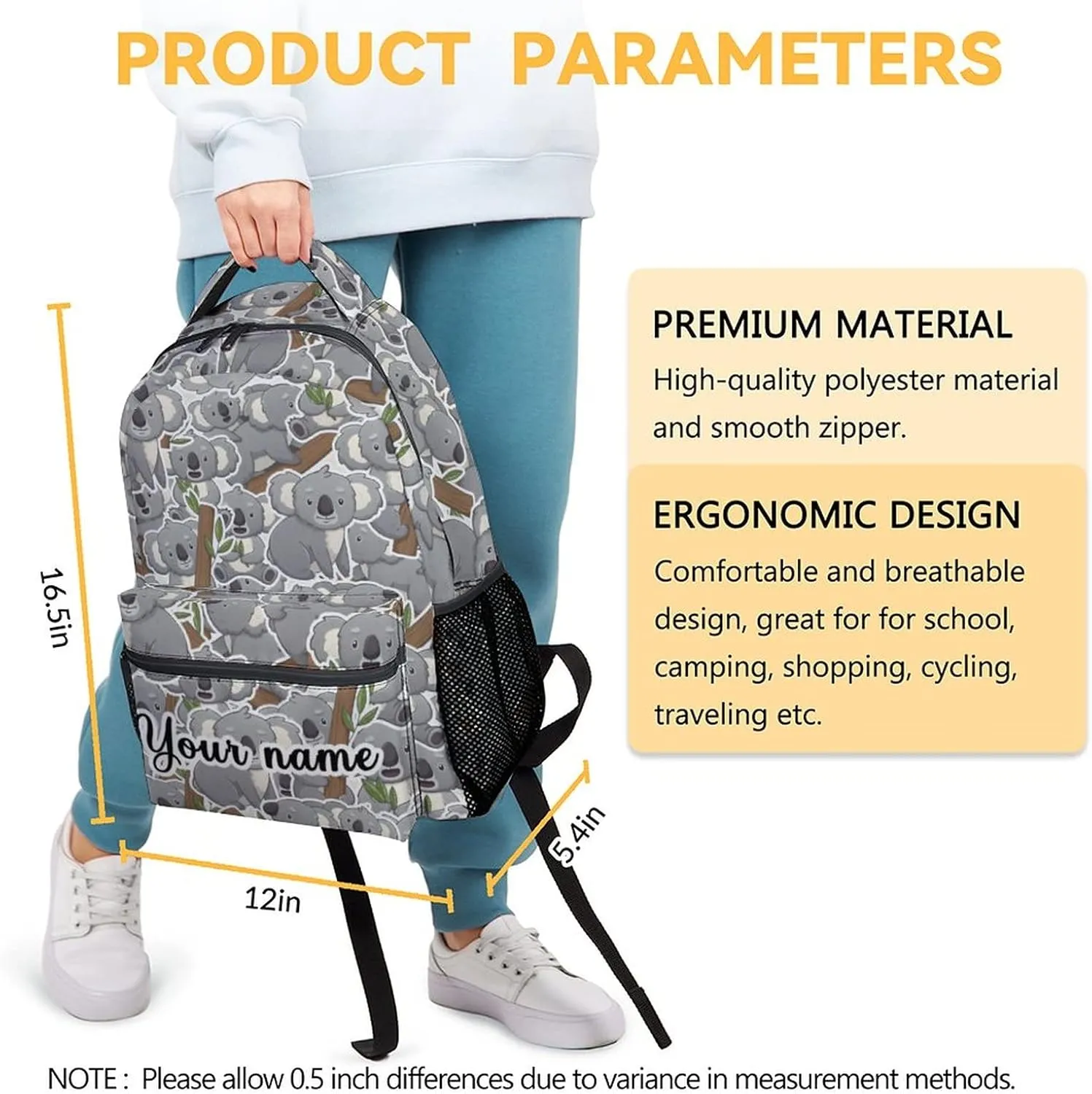 Custom Koala Backpack for Girls Boys, 16 Inch Grey Backpacks for School, Cute Lightweight Durable Bookbag for Kids