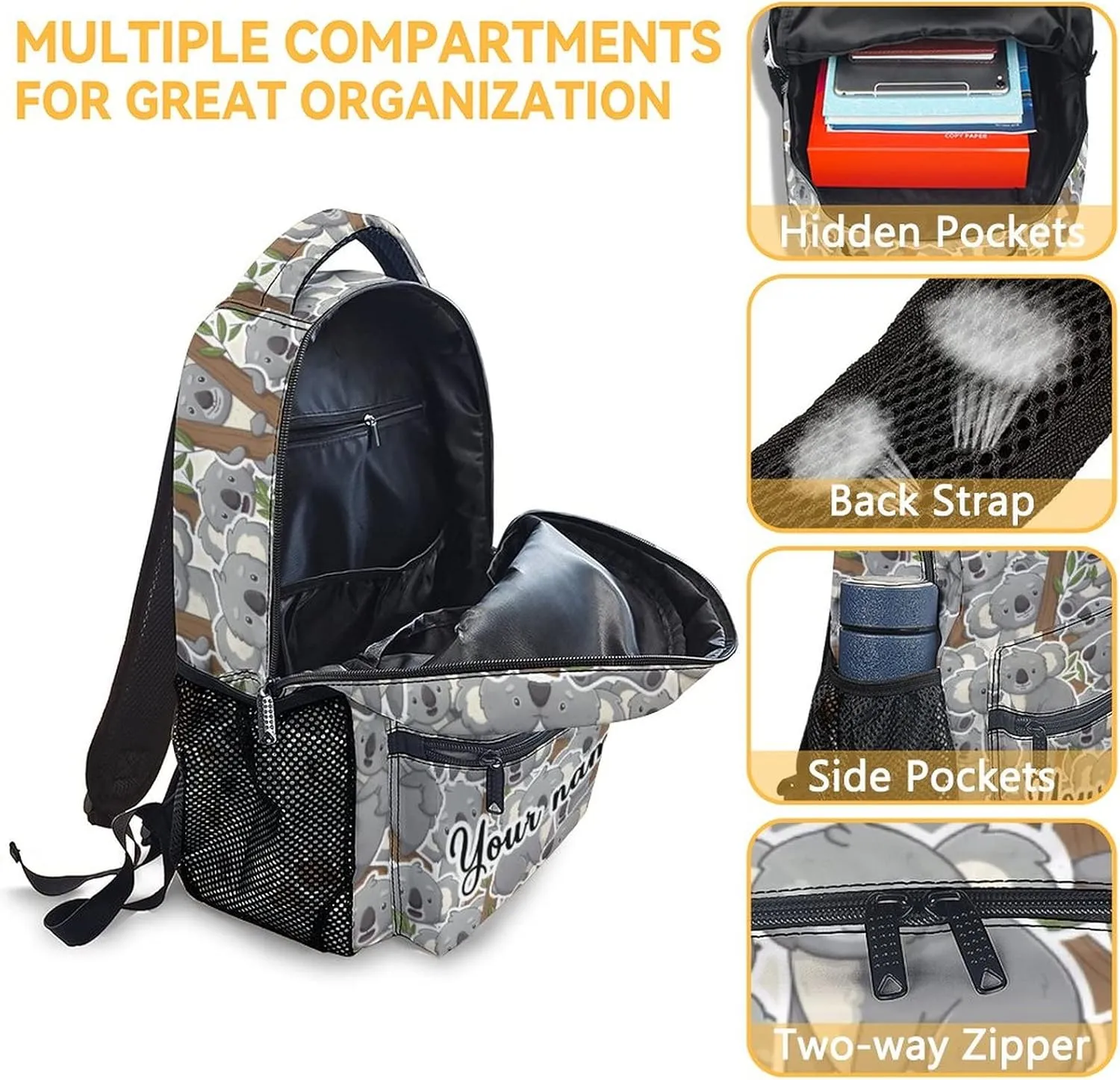 Custom Koala Backpack for Girls Boys, 16 Inch Grey Backpacks for School, Cute Lightweight Durable Bookbag for Kids