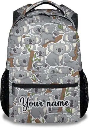 Custom Koala Backpack for Girls Boys, 16 Inch Grey Backpacks for School, Cute Lightweight Durable Bookbag for Kids