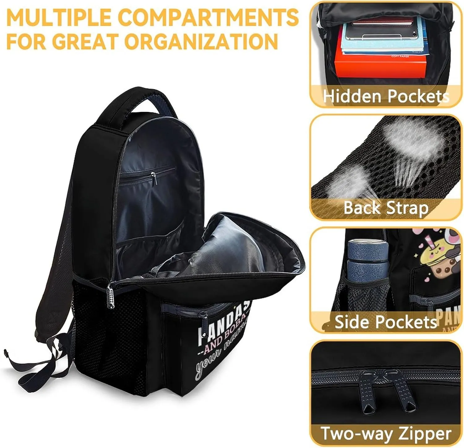 Custom Panda Backpack for Girls Boys, 16 Inch Black Backpacks for School, Cute Lightweight Durable Bookbag for Kids