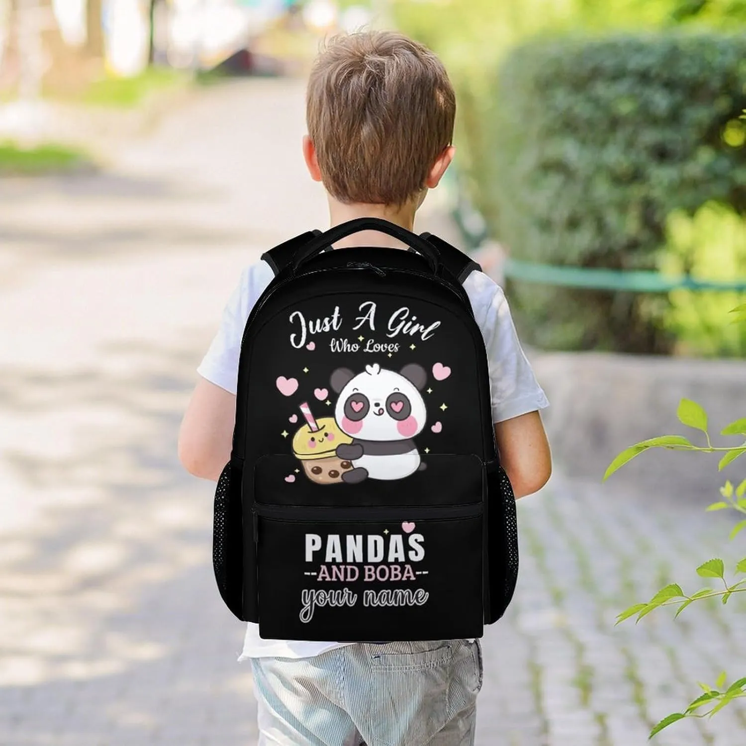 Custom Panda Backpack for Girls Boys, 16 Inch Black Backpacks for School, Cute Lightweight Durable Bookbag for Kids