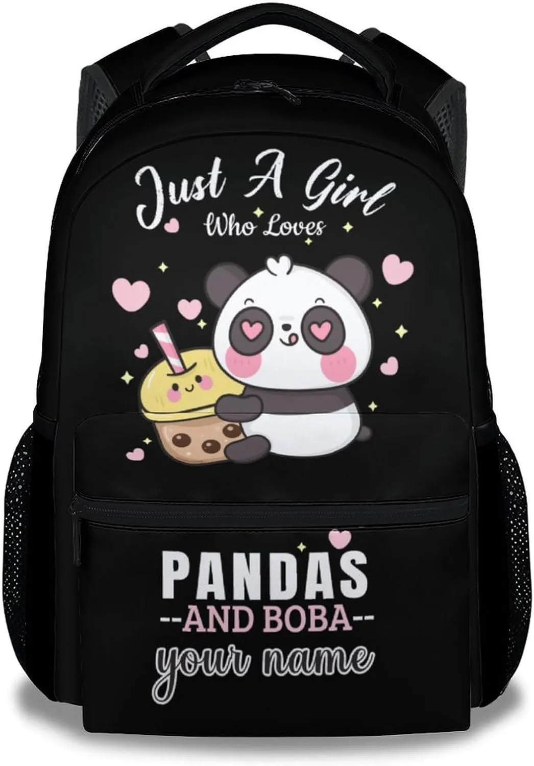 Custom Panda Backpack for Girls Boys, 16 Inch Black Backpacks for School, Cute Lightweight Durable Bookbag for Kids
