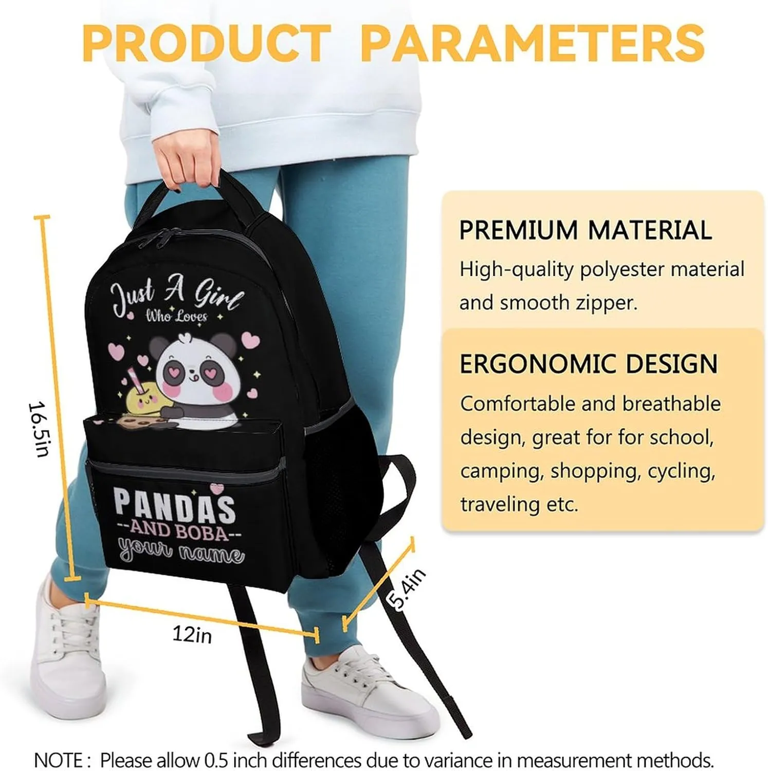 Custom Panda Backpack for Girls Boys, 16 Inch Black Backpacks for School, Cute Lightweight Durable Bookbag for Kids