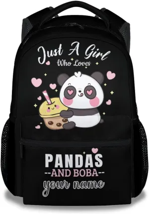 Custom Panda Backpack for Girls Boys, 16 Inch Black Backpacks for School, Cute Lightweight Durable Bookbag for Kids