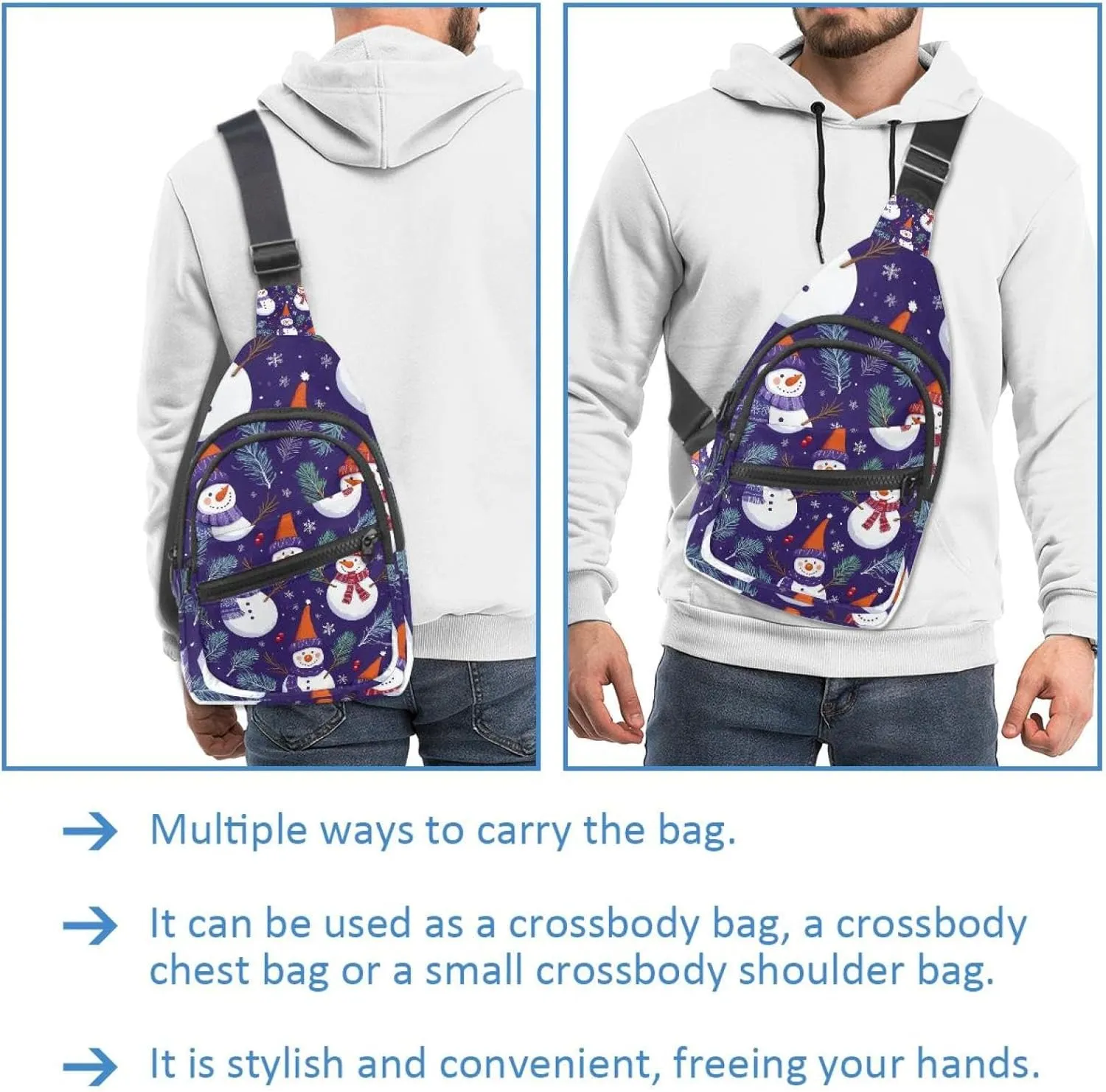 Cute Snowmen have fun in Winter Holidays 2_6 Sling Backpack Crossbody Bag Convertible, Small Diaper Bag Hiking Daypacks