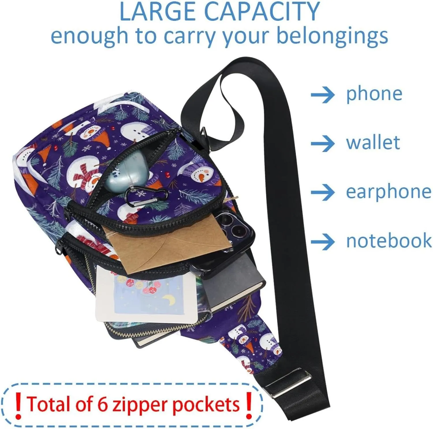 Cute Snowmen have fun in Winter Holidays 2_6 Sling Backpack Crossbody Bag Convertible, Small Diaper Bag Hiking Daypacks