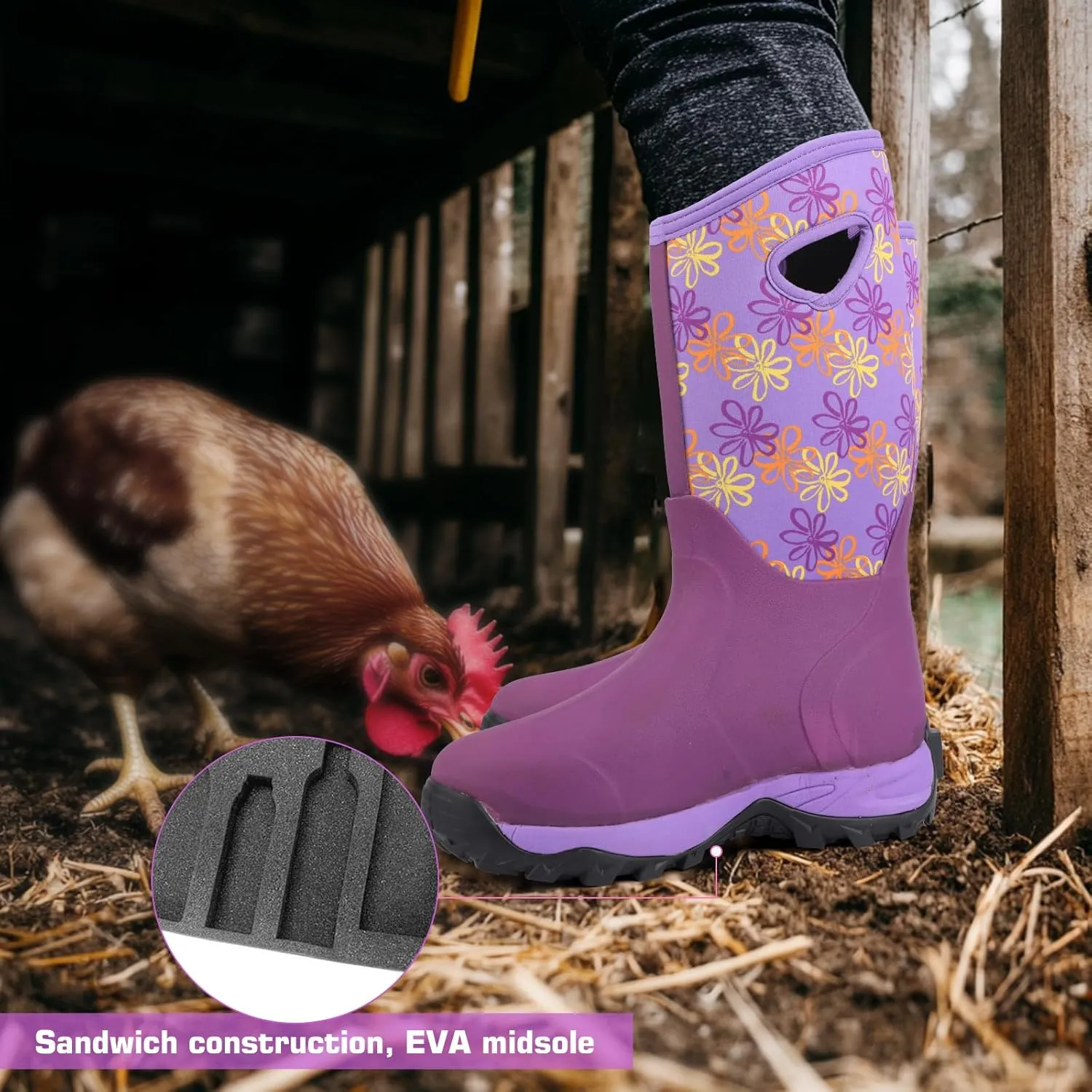 DaeRainy Neoprene Rubber Boots for Women,Waterproof Rainboots with Sturdy Neoprene for Outdoor Working Farming Fishing Hunting Gardening