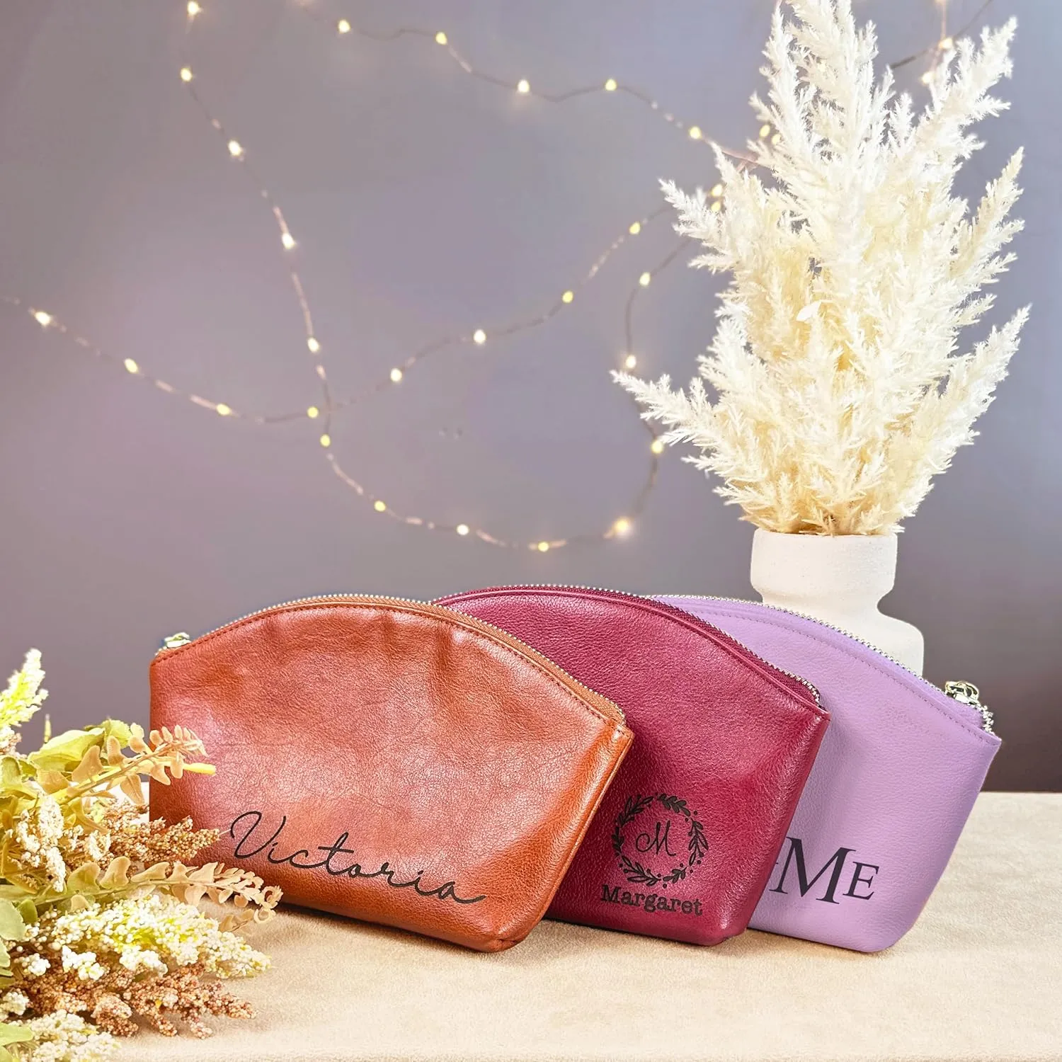 Danique Personalized Women's Cosmetic Bag  Small Leather Makeup Bag for Purse  Monogrammed Vanity Pouch with Zipper  Pink, Purple, Blue, White, Brown  Small 100% Genuine Leather Case  Made in USA
