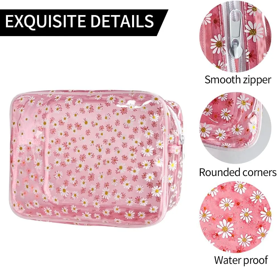 Designed Lovely Daisy Printed Ladies Fashion Cosmetic Bag PVC Plastic Carrying Bag Small-Sized Baisy Pattern PVC Cosmetic Bag (pink)
