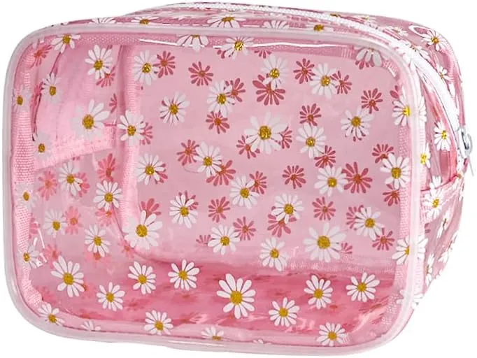 Designed Lovely Daisy Printed Ladies Fashion Cosmetic Bag PVC Plastic Carrying Bag Small-Sized Baisy Pattern PVC Cosmetic Bag (pink)