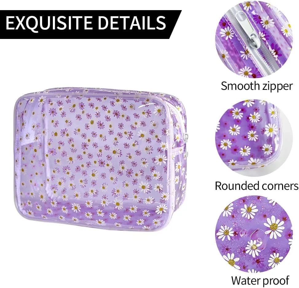 Designed Lovely Daisy Printed Ladies Fashion Cosmetic Bag PVC Plastic Carrying Bag Small-Sized Baisy Pattern PVC Cosmetic Bag (purple)