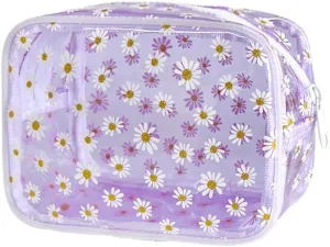 Designed Lovely Daisy Printed Ladies Fashion Cosmetic Bag PVC Plastic Carrying Bag Small-Sized Baisy Pattern PVC Cosmetic Bag (purple)