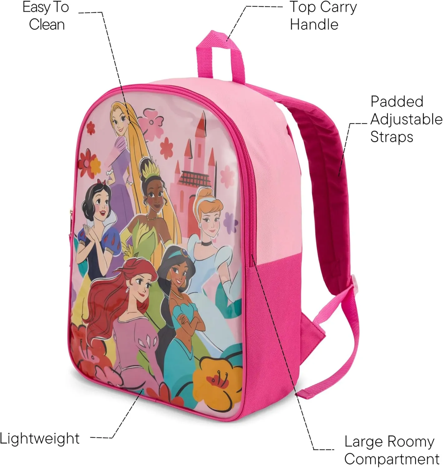 Disney Princess Backpack for Kids - Cute & Durable Kids Backpack for Girls with Padded Straps & Zip Compartment - Ideal Toddler Bookbag for School & Travel - 15