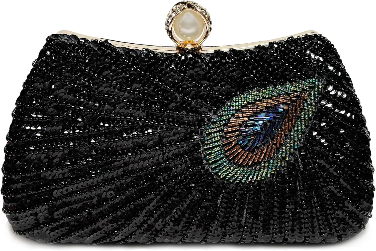 DJBM Women Unique Peacock Evening Clutch Bag Luxury Shiny Beaded Sequin Pearl Handle Purse for Dating Masquerade