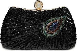 DJBM Women Unique Peacock Evening Clutch Bag Luxury Shiny Beaded Sequin Pearl Handle Purse for Dating Masquerade