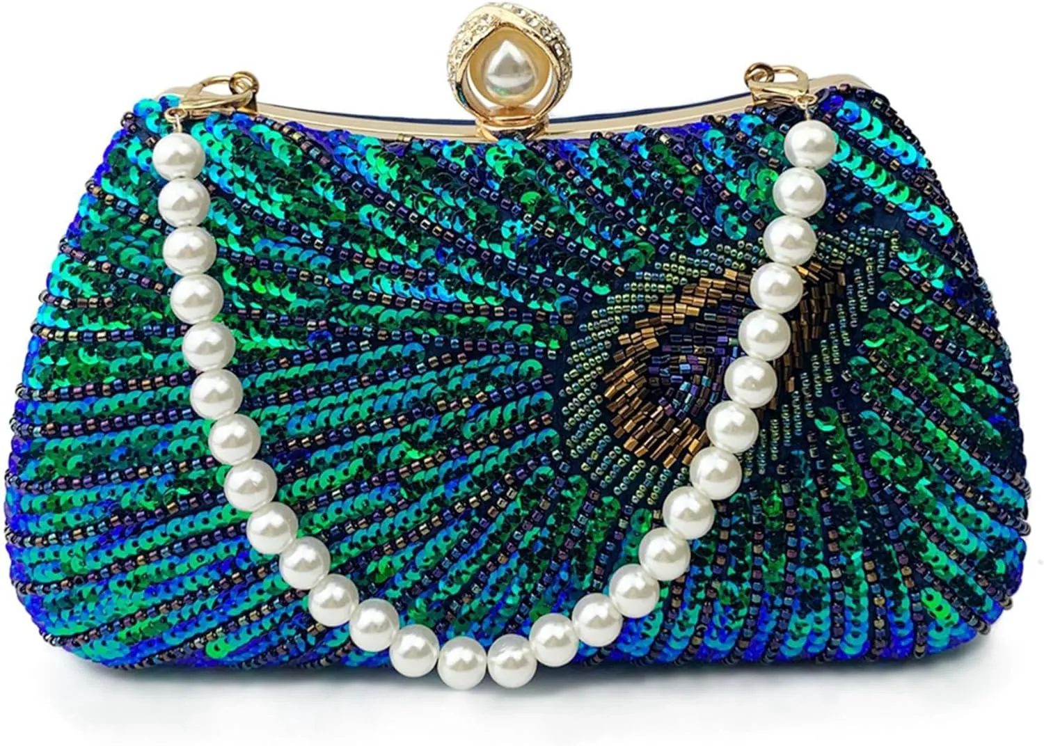 DJBM Women Unique Peacock Evening Clutch Bag Luxury Shiny Beaded Sequin Pearl Handle Purse for Dating Masquerade