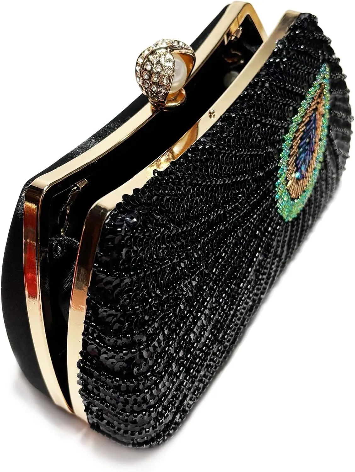 DJBM Women Unique Peacock Evening Clutch Bag Luxury Shiny Beaded Sequin Pearl Handle Purse for Dating Masquerade
