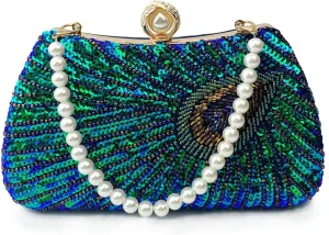 DJBM Women Unique Peacock Evening Clutch Bag Luxury Shiny Beaded Sequin Pearl Handle Purse for Dating Masquerade