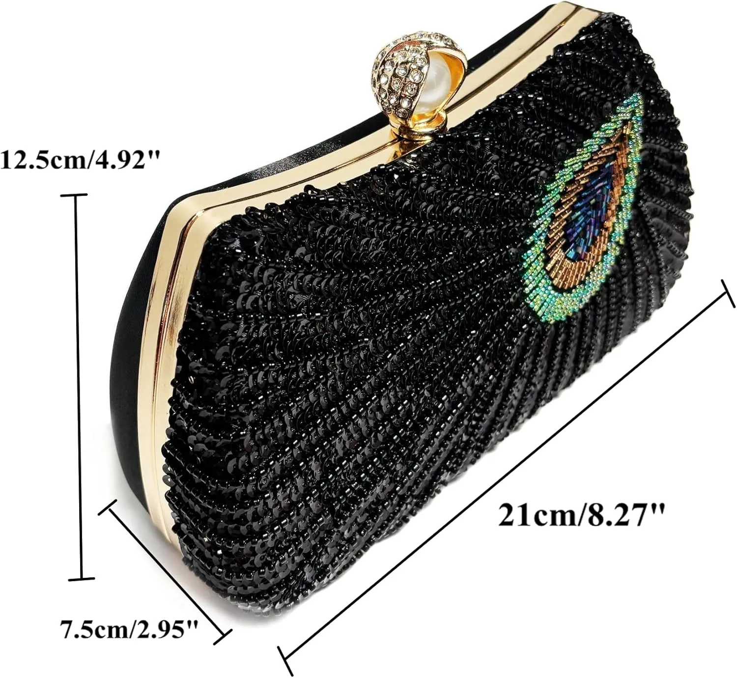 DJBM Women Unique Peacock Evening Clutch Bag Luxury Shiny Beaded Sequin Pearl Handle Purse for Dating Masquerade