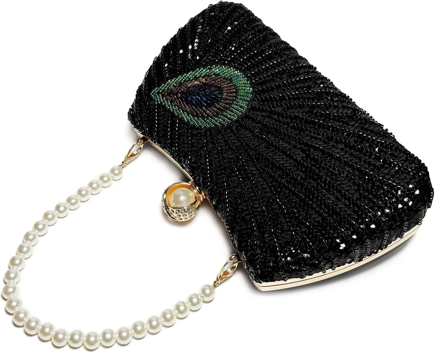DJBM Women Unique Peacock Evening Clutch Bag Luxury Shiny Beaded Sequin Pearl Handle Purse for Dating Masquerade