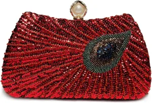 DJBM Women Unique Peacock Evening Clutch Bag Luxury Shiny Beaded Sequin Pearl Handle Purse for Dating Masquerade