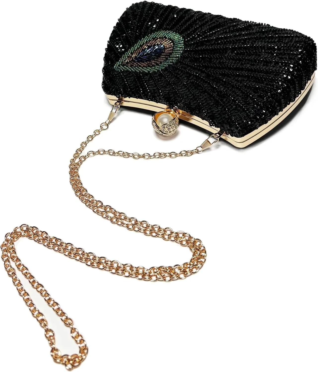 DJBM Women Unique Peacock Evening Clutch Bag Luxury Shiny Beaded Sequin Pearl Handle Purse for Dating Masquerade