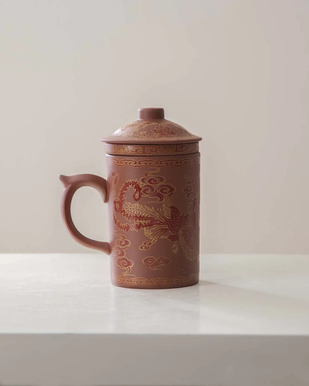 'Dragon' Stoneware Lidded Mug - Brown