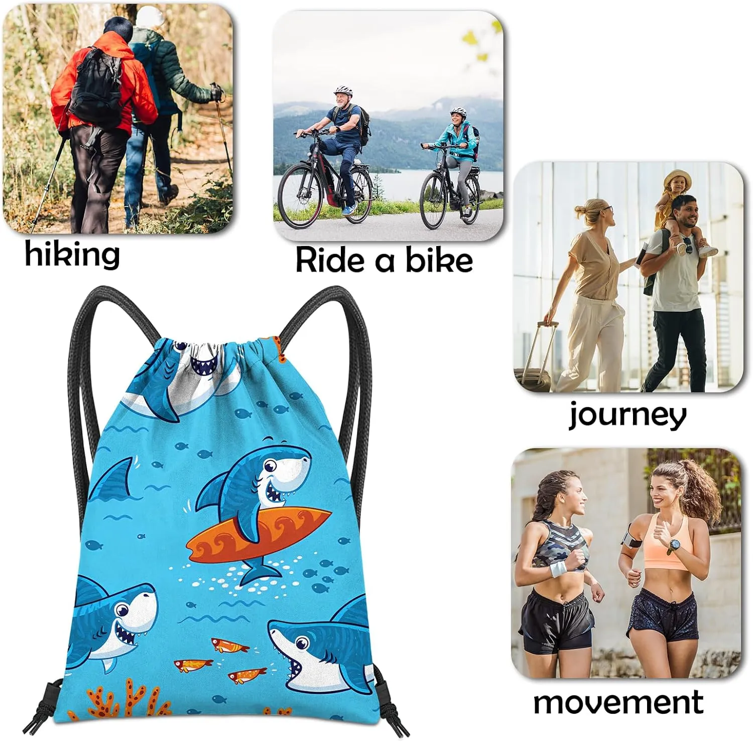 Drawstring Backpack for String Bag Waterproof Cute Sports Beach Swimming Travel (13"17")-Shark
