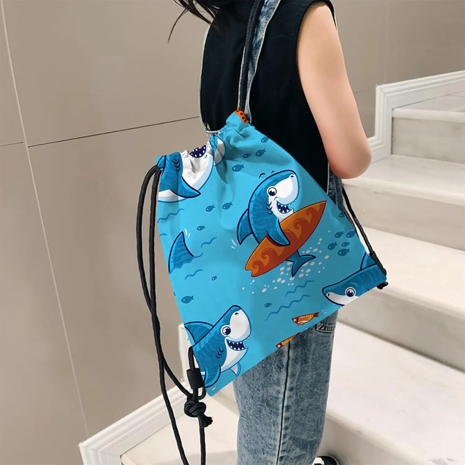 Drawstring Backpack for String Bag Waterproof Cute Sports Beach Swimming Travel (13"17")-Shark