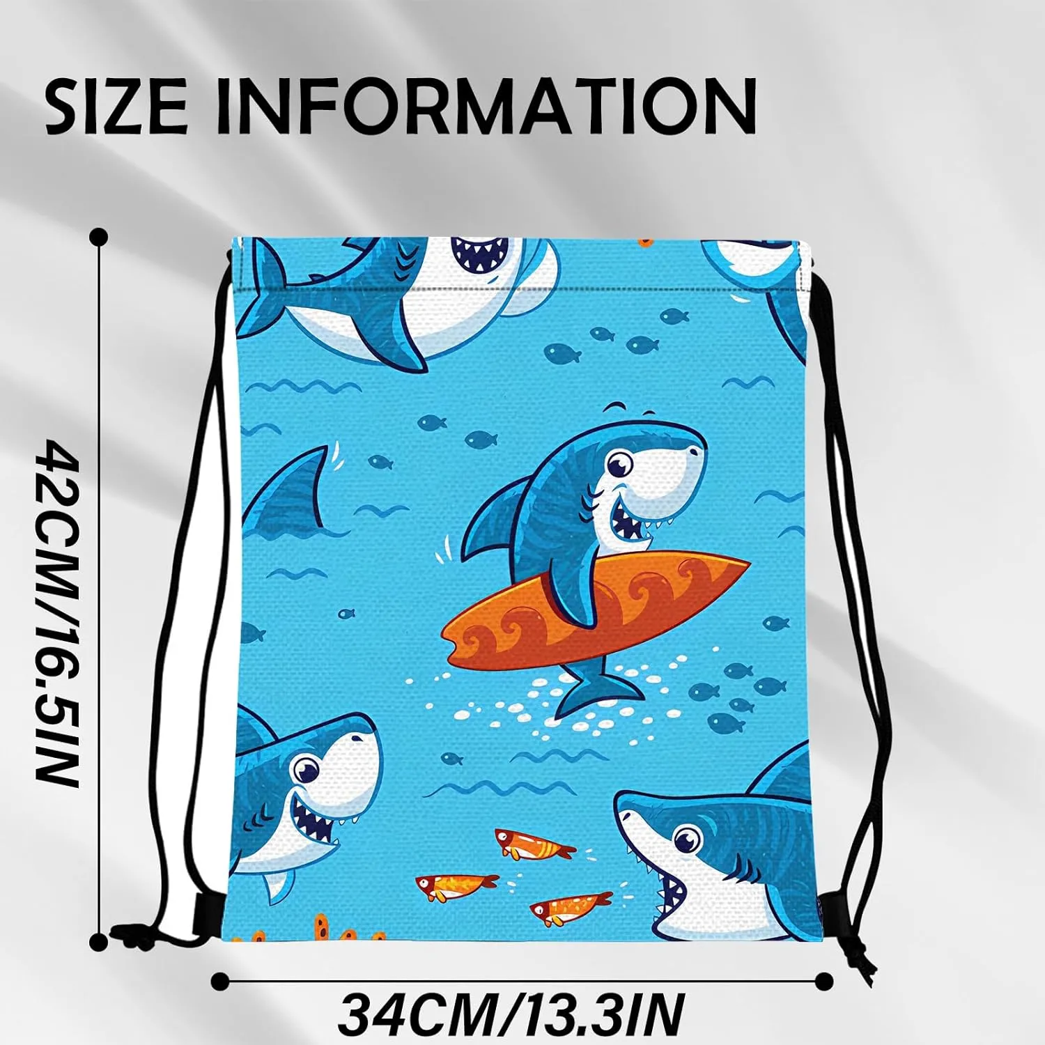Drawstring Backpack for String Bag Waterproof Cute Sports Beach Swimming Travel (13"17")-Shark