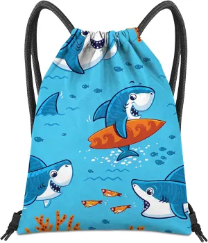 Drawstring Backpack for String Bag Waterproof Cute Sports Beach Swimming Travel (13"17")-Shark