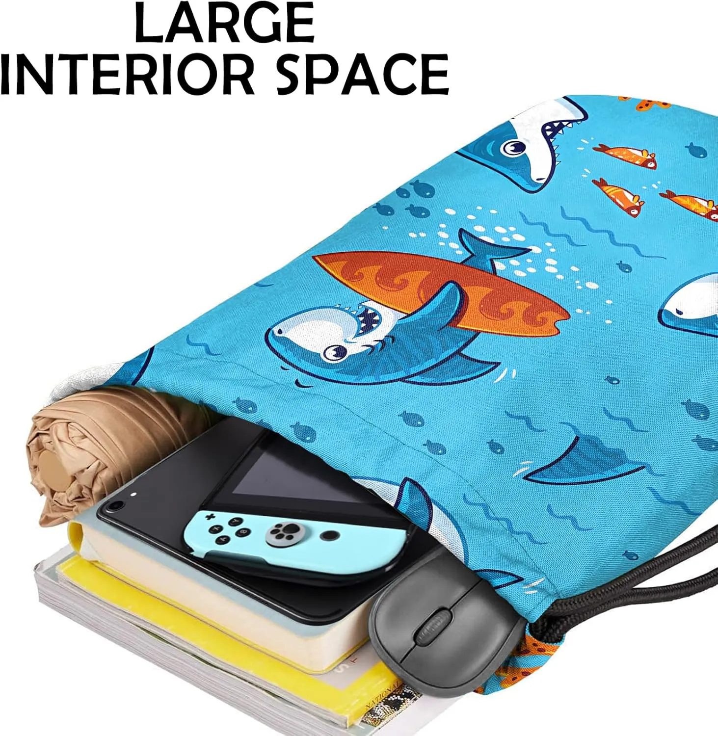 Drawstring Backpack for String Bag Waterproof Cute Sports Beach Swimming Travel (13"17")-Shark
