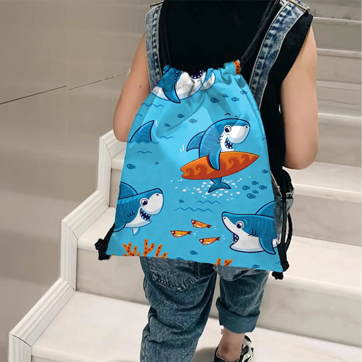 Drawstring Backpack for String Bag Waterproof Cute Sports Beach Swimming Travel (13"17")-Shark