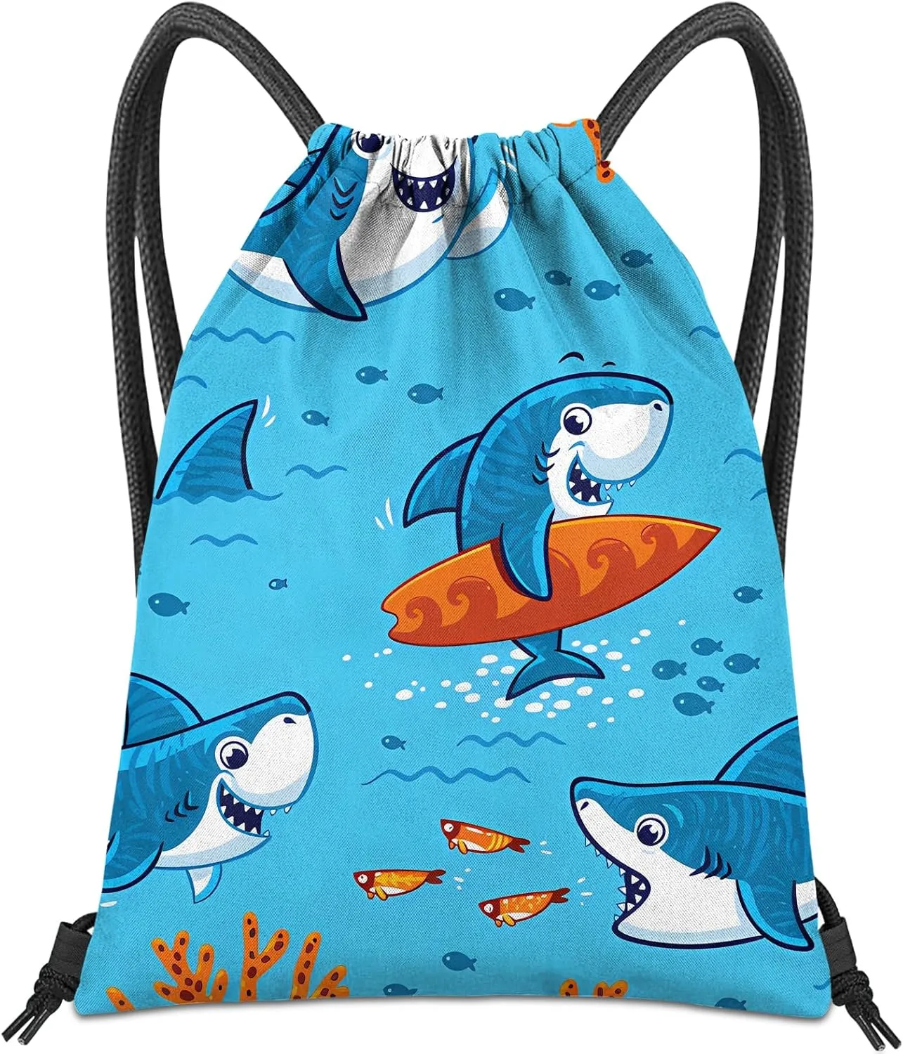 Drawstring Backpack for String Bag Waterproof Cute Sports Beach Swimming Travel (13"17")-Shark