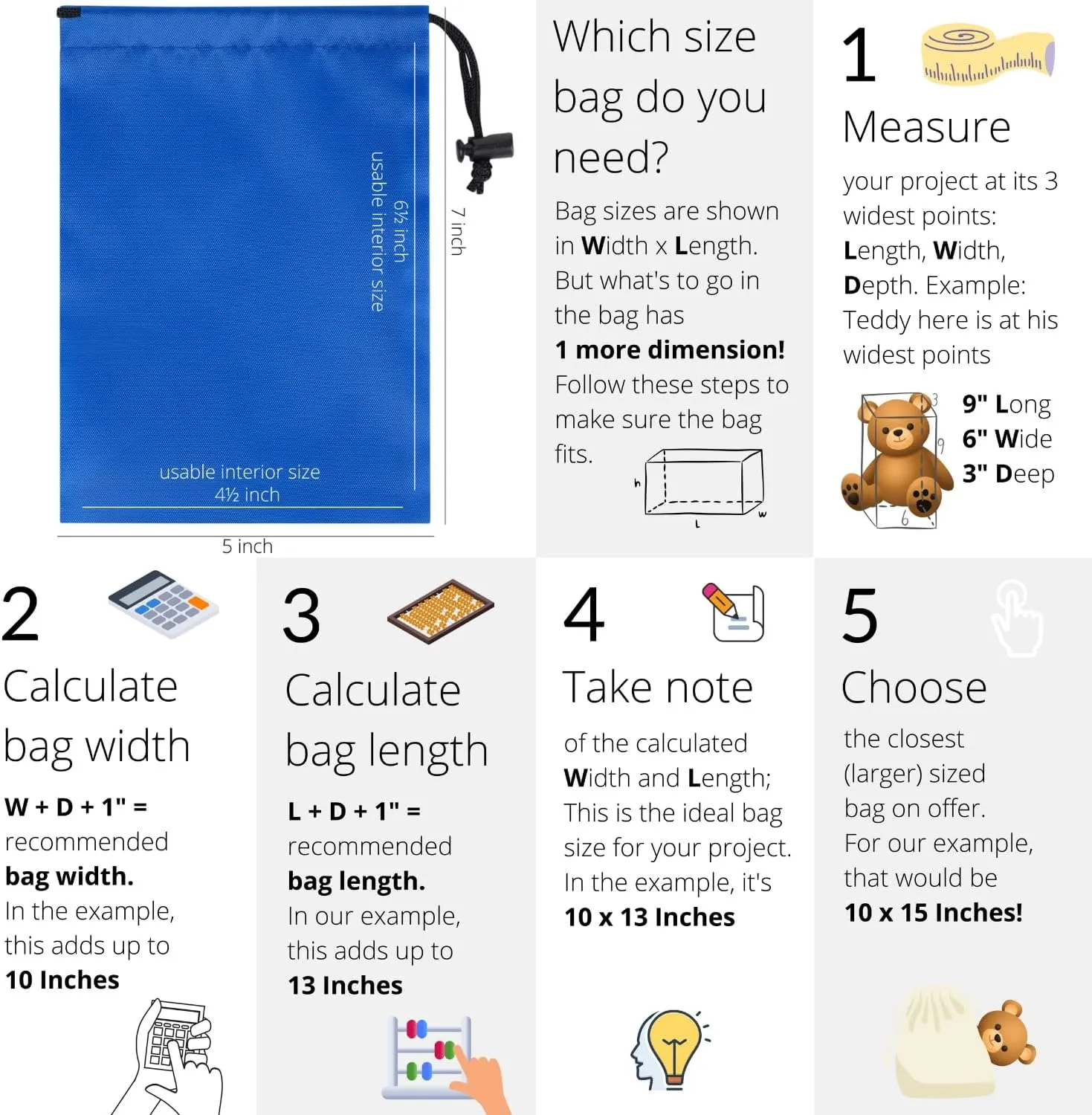 Drawstring Bag with Toggle - Nylon Cinch and Ditty Pouch (Blue, 5 x 7 Inch)