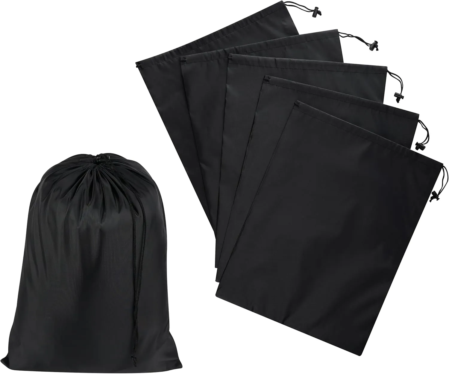 Drawstring Bag with Toggle - Nylon Cinch and Ditty Pouch - Six Pack (Black, 12 x 16 Inch)