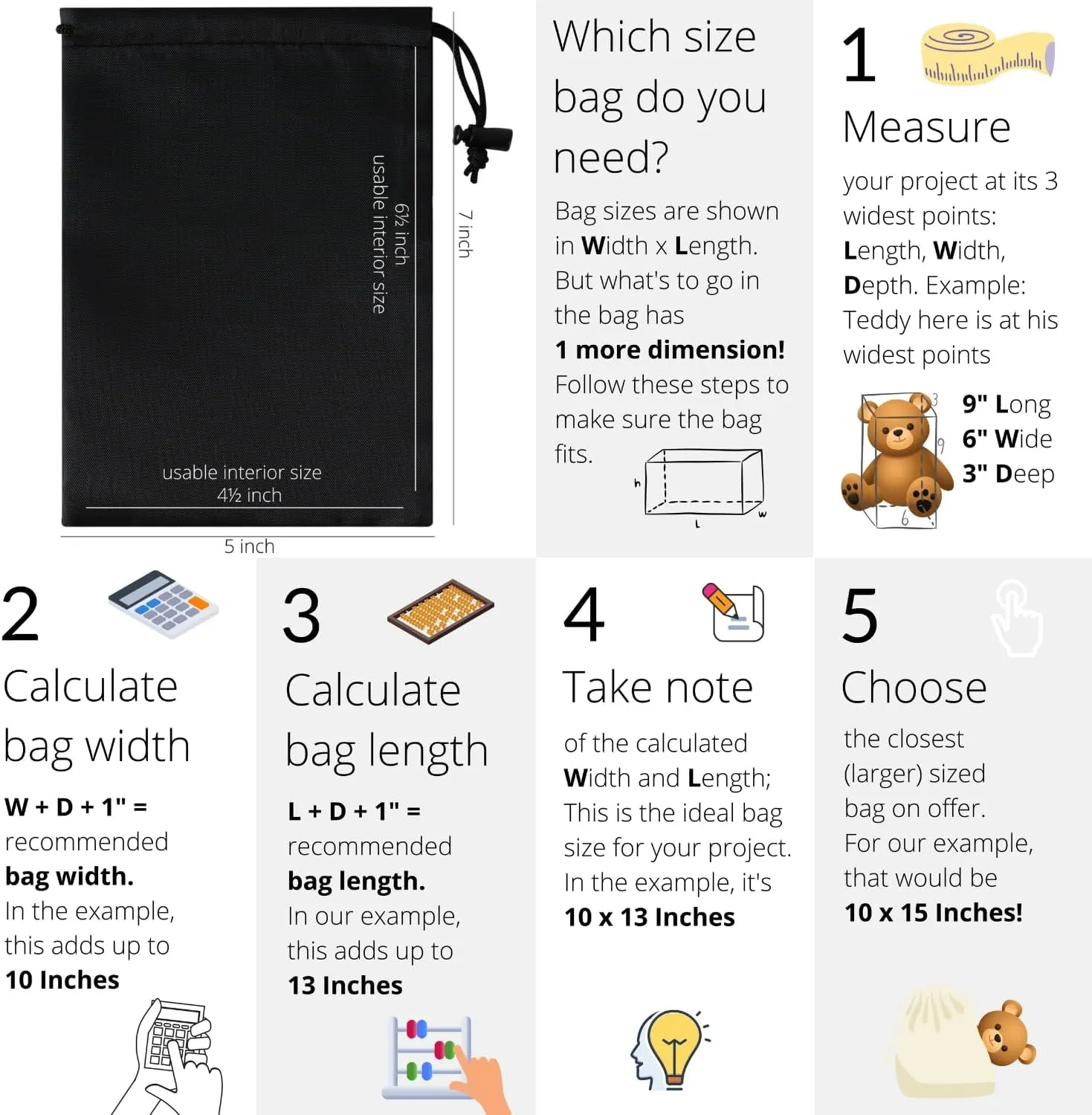 Drawstring Bag with Toggle - Nylon Cinch and Ditty Pouch - Six Pack (Black, 5 x 7 Inch)