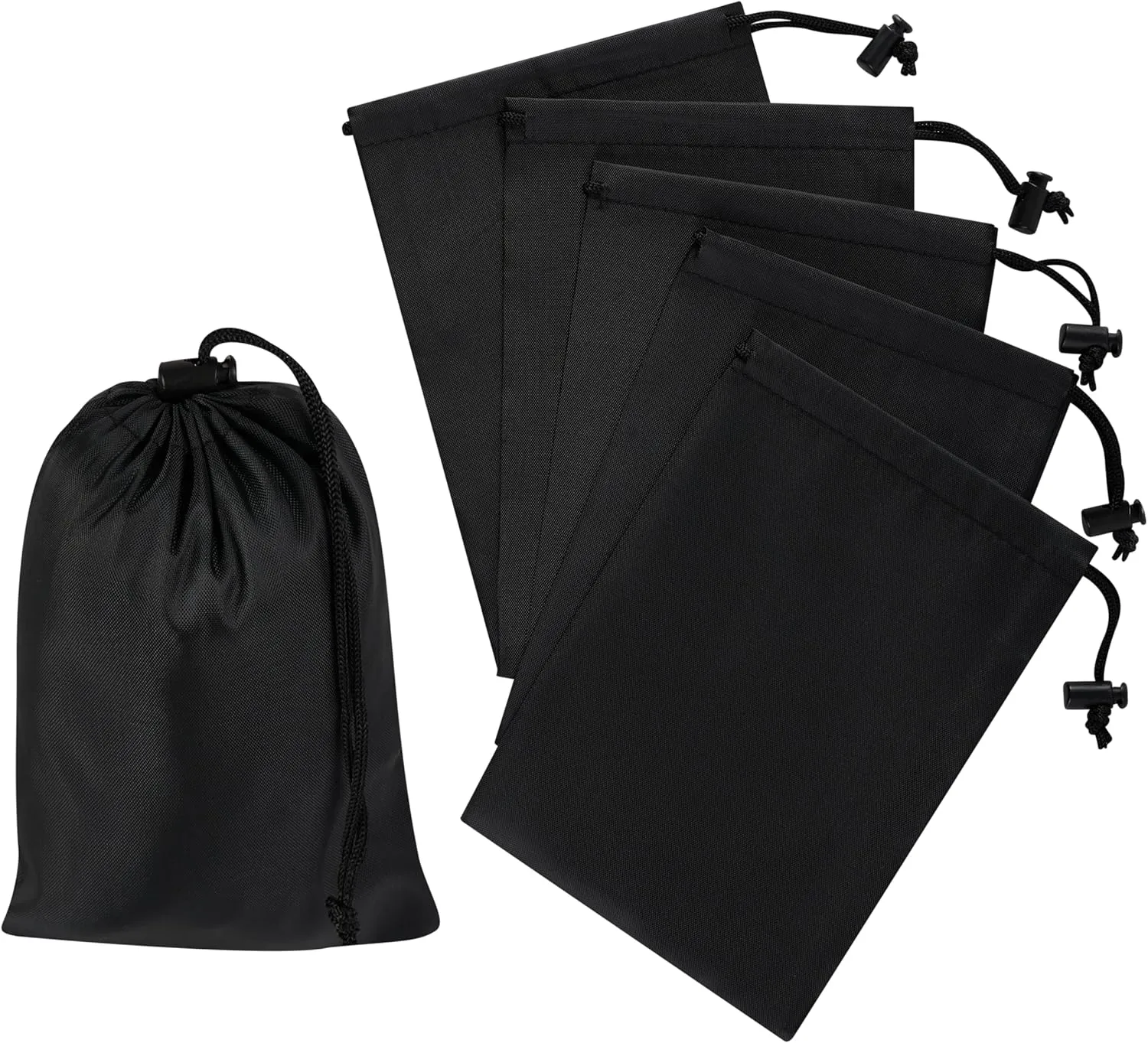 Drawstring Bag with Toggle - Nylon Cinch and Ditty Pouch - Six Pack (Black, 5 x 7 Inch)