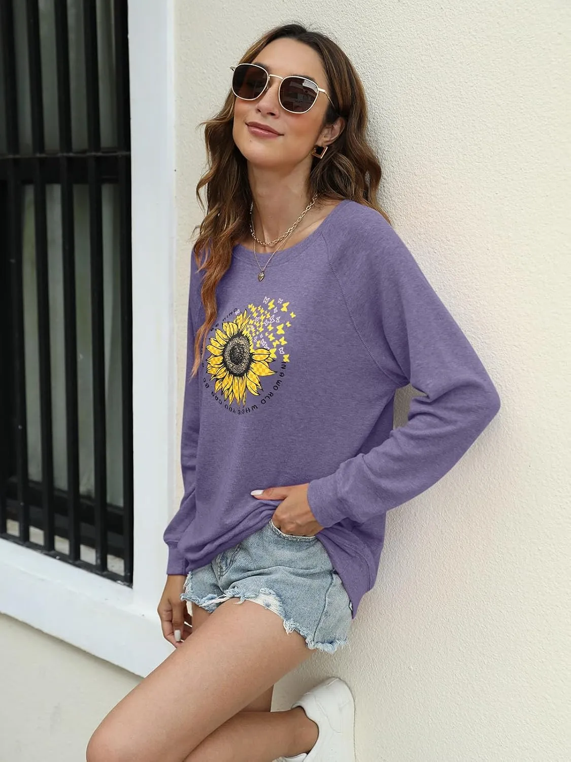 EADINVE "FUN FACT: I don't care Letter Print Women's Crewneck Sweatshirt Raglan Long Sleeve Casual Pullover Tops