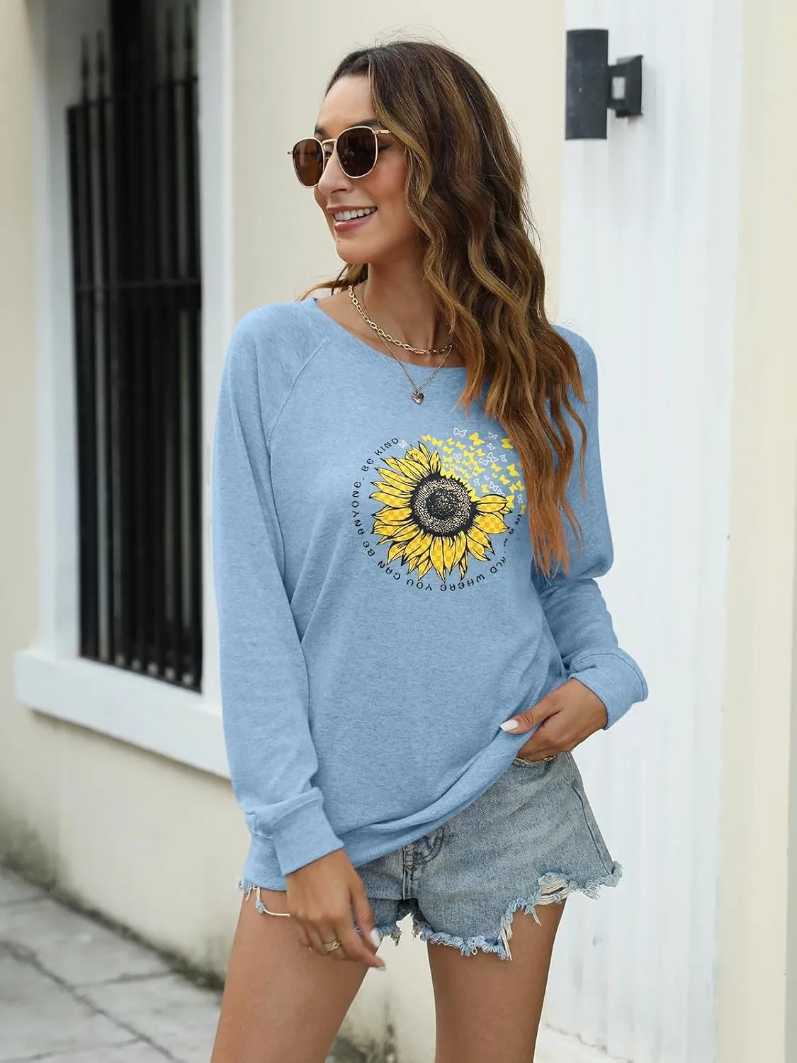 EADINVE "FUN FACT: I don't care Letter Print Women's Crewneck Sweatshirt Raglan Long Sleeve Casual Pullover Tops