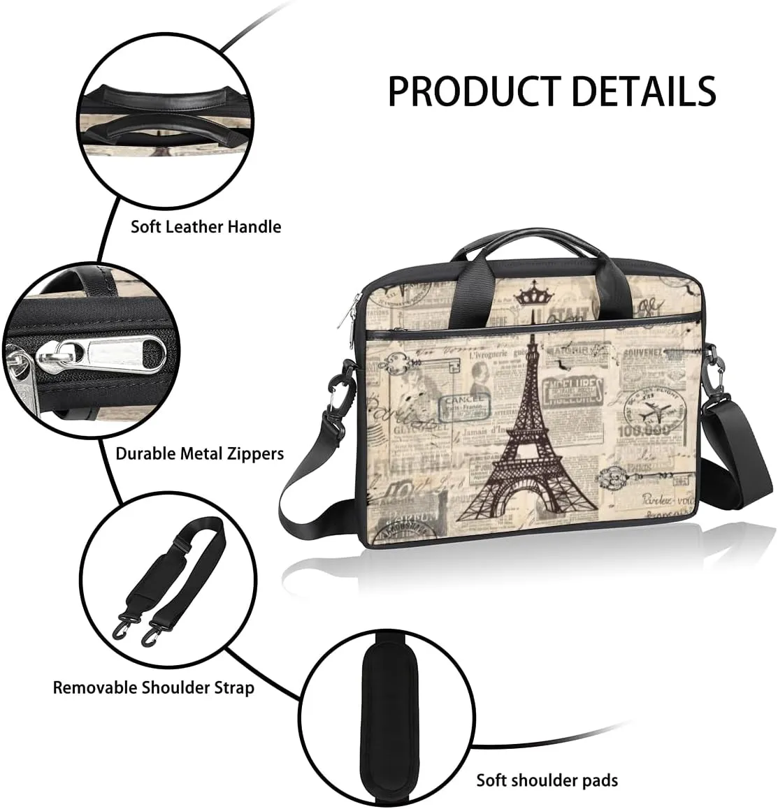 Eiffel Tower Fun Pattern Laptop Shoulder Bag for Tablet Computer Notebook Sleeve Messenger Carrying Case Briefcase Tote